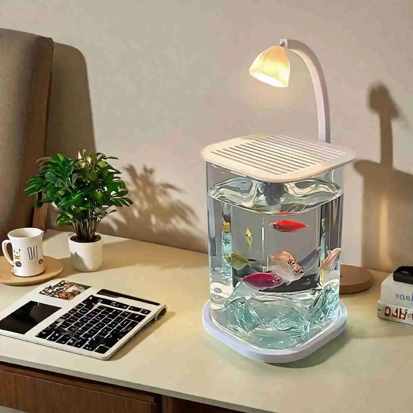 Betta Fish Tank - Mini Betta Balığı Cam Akvaryum, Gece